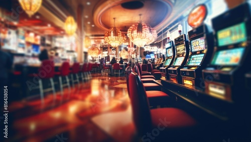 Blurred casino hall with many tables for poker and cards in the background.