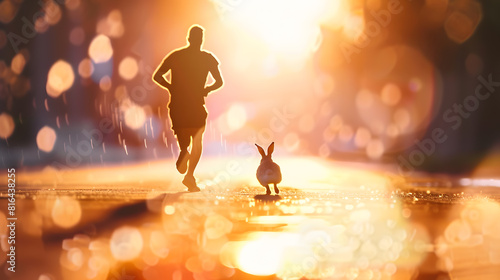 2023 New Year concept Silhouettes of running man and rabbit : Generative AI photo