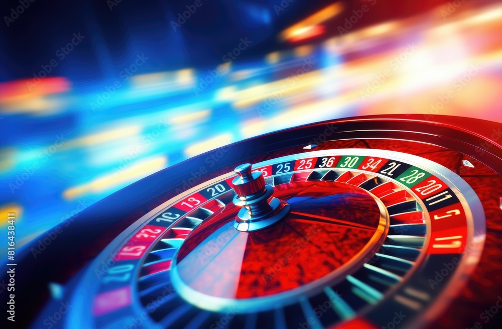 Obraz premium Roulette wheel spinning in the style of a pixmapetric casino, blurred background with motion blur.