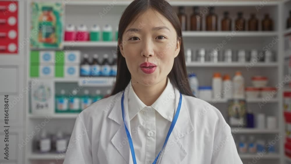 A chinese woman pharmacist in a white coat stands in a drugstore with shelves of medicine bottles behind her. A chinese woman pharmacist in a white coat stands in a drugstore with shelves of medicine bottles behind her.