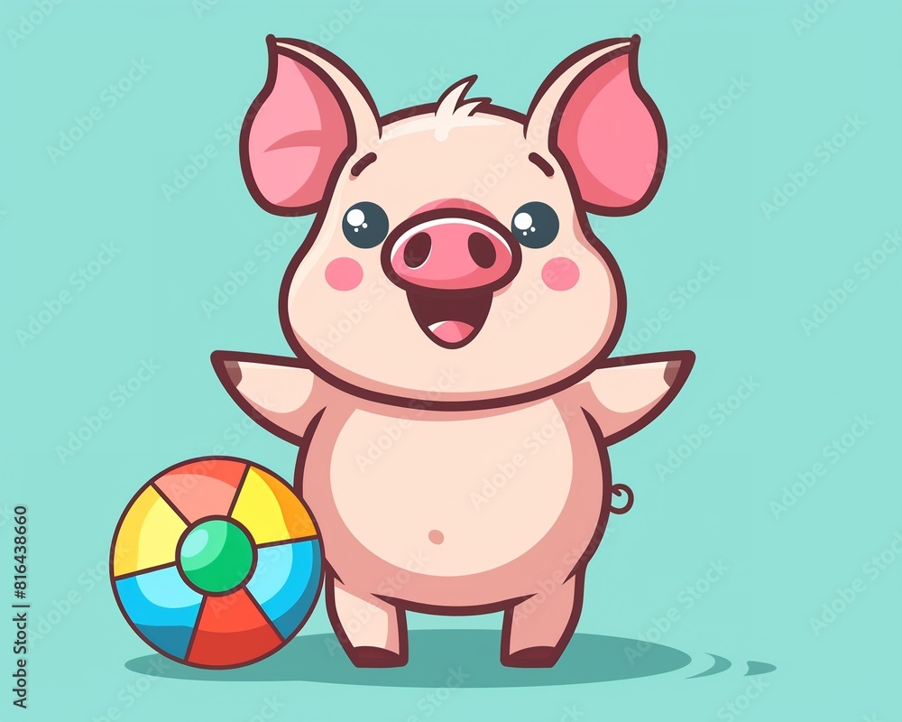 Pig with a colorful beach ball flat design front view playful vibe theme cartoon drawing Pig with a colorful beach ball flat design front view playful vibe theme cartoon drawing