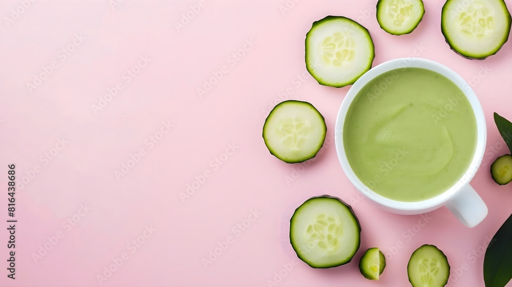 Cucumber gazpacho, cucumber slices, healthy diet, banner style, food concept, pink background Cucumber gazpacho, cucumber slices, healthy diet, banner style, food concept, pink background