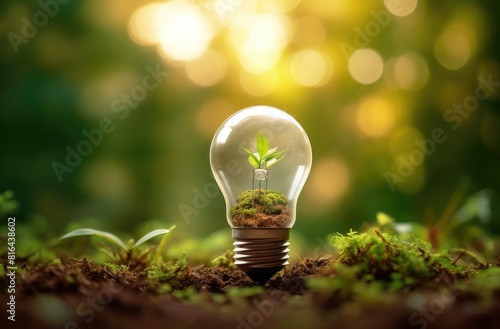 A light bulb with the tree inside is placed on soil, symbolizing environmental protection and energy conservation. It has a green background with natural sunlight.