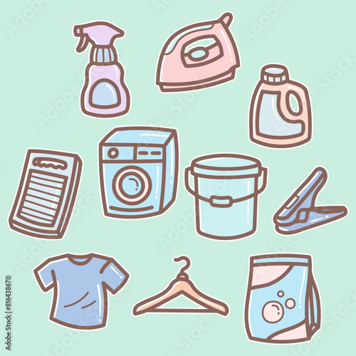 Set Doodle Laundry Theme Vector Design Element Illustration Collection. Editable Line. Adjustable Stroke Width.