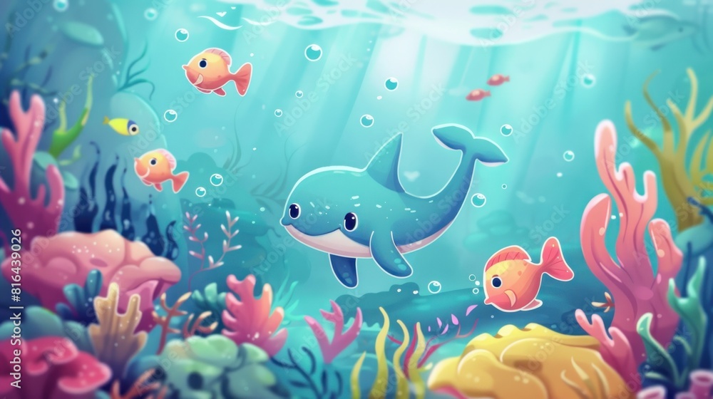 Hand drawn cute cartoon fish in a whimsical underwater ocean animation scene Hand drawn cute cartoon fish in a whimsical underwater ocean animation scene