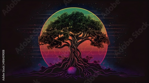 Yggdrasil the Mystical World Tree Reaching Towards the Cosmic Heavens in Vibrant Synthwave