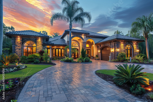 Beautiful home in Florida with stone accents and beautiful landscaping. Created with Ai