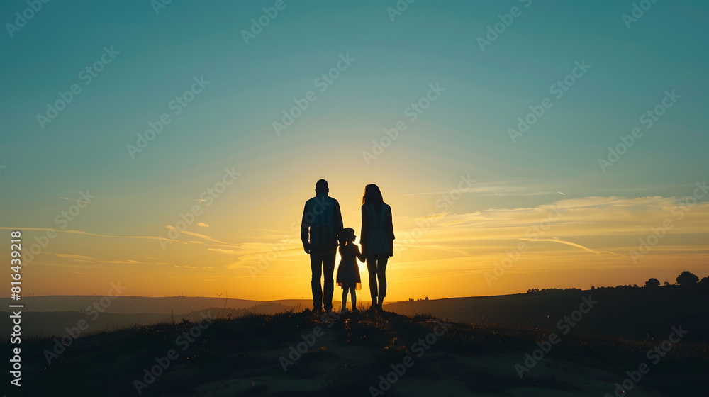Silhouette of a family  father mother and daughter standing on the hill with their backs to the camera and looking to the horizon on the sunset : Generative AI