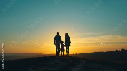 Silhouette of a family  father mother and daughter standing on the hill with their backs to the camera and looking to the horizon on the sunset   Generative AI