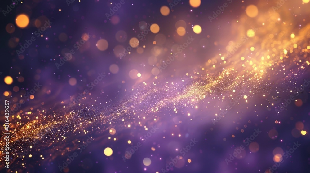 Abstract blur bokeh banner background. Gold bokeh on defocused emerald purple background 