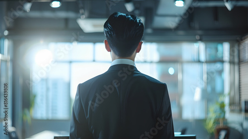Rear view  Asian business man being frustrated standing in office hopelessly : Generative AI photo