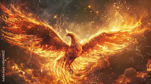 Detailed portrayal of a Phoenix spreading its fiery wings, emerging from ashes in a vivid display of power and renewal, focused imagery