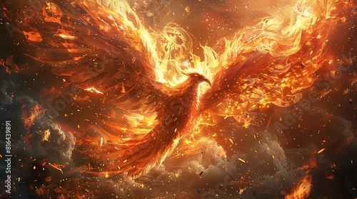 Detailed portrayal of a phoenix rebirth, the creature enveloped in intense flames, rising powerfully from its ashes, capturing the moment of transformation