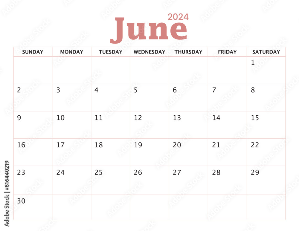 Tuesday In June June 2024 Calendar sunday start Stock Vector | Adobe Stock