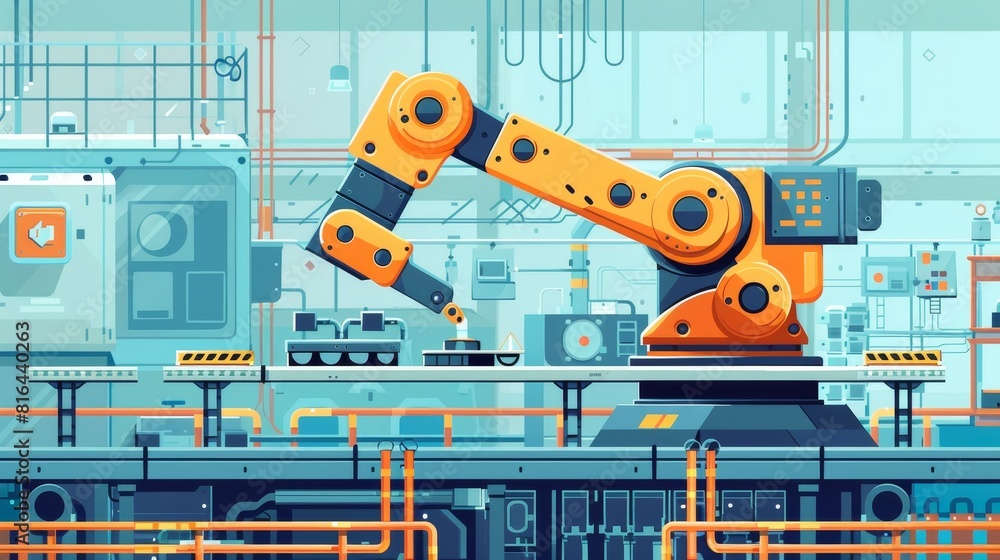 Detailed illustration of a high-tech robot arm assembling intricate components, perfectly suited for advertising cutting-edge factory capabilities Detailed illustration of a high-tech robot arm assembling intricate components, perfectly suited for advertising cutting-edge factory capabilities
