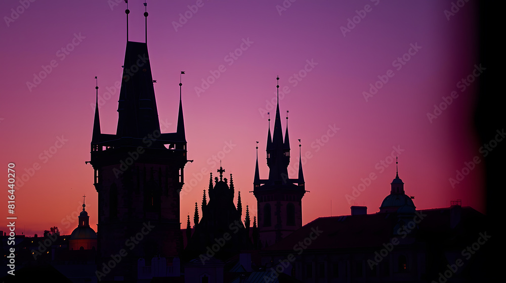 Silhouette of Pragues towers at dawn : Generative AI