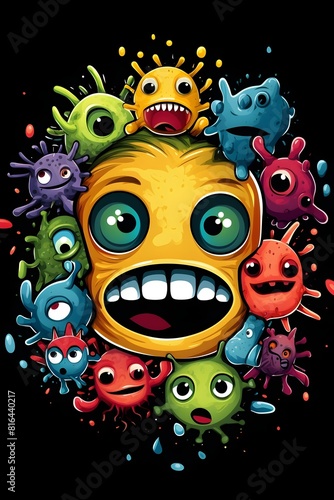 Vibrant Cartoon Character with Medical Mask Surrounded by Colorful Splatter Elements on Black Background