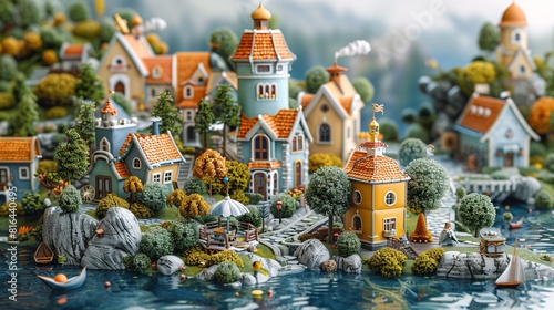 A delightful 3D illustration of a whimsical village populated by quirky characters.