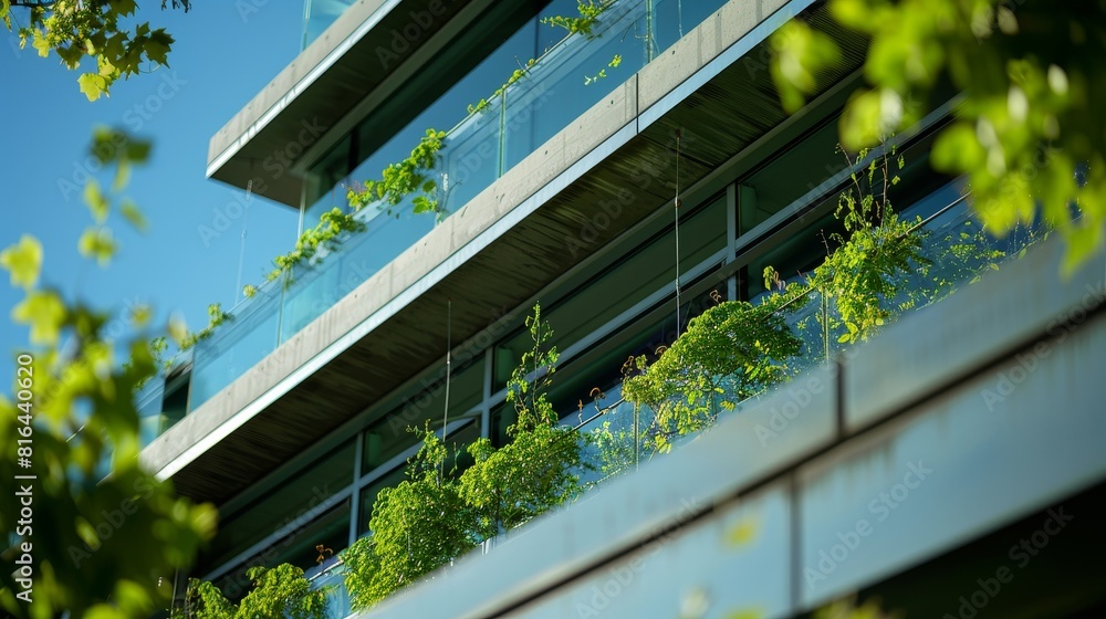 Detailed close-up of a green building with innovative plant installations, showcasing sustainability in architecture, clear isolated view