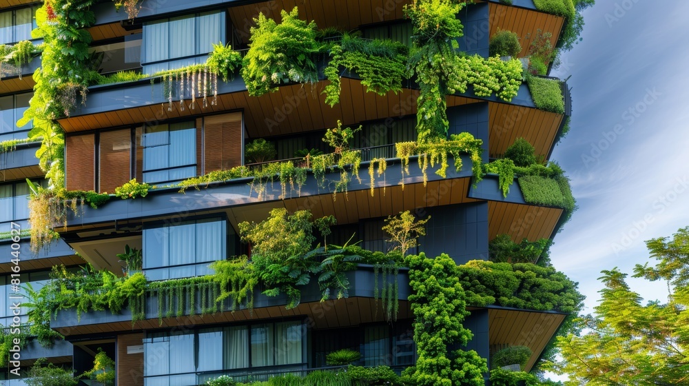 Detailed close-up of a green building with innovative plant installations, showcasing sustainability in architecture, clear isolated view Detailed close-up of a green building with innovative plant installations, showcasing sustainability in architecture, clear isolated view