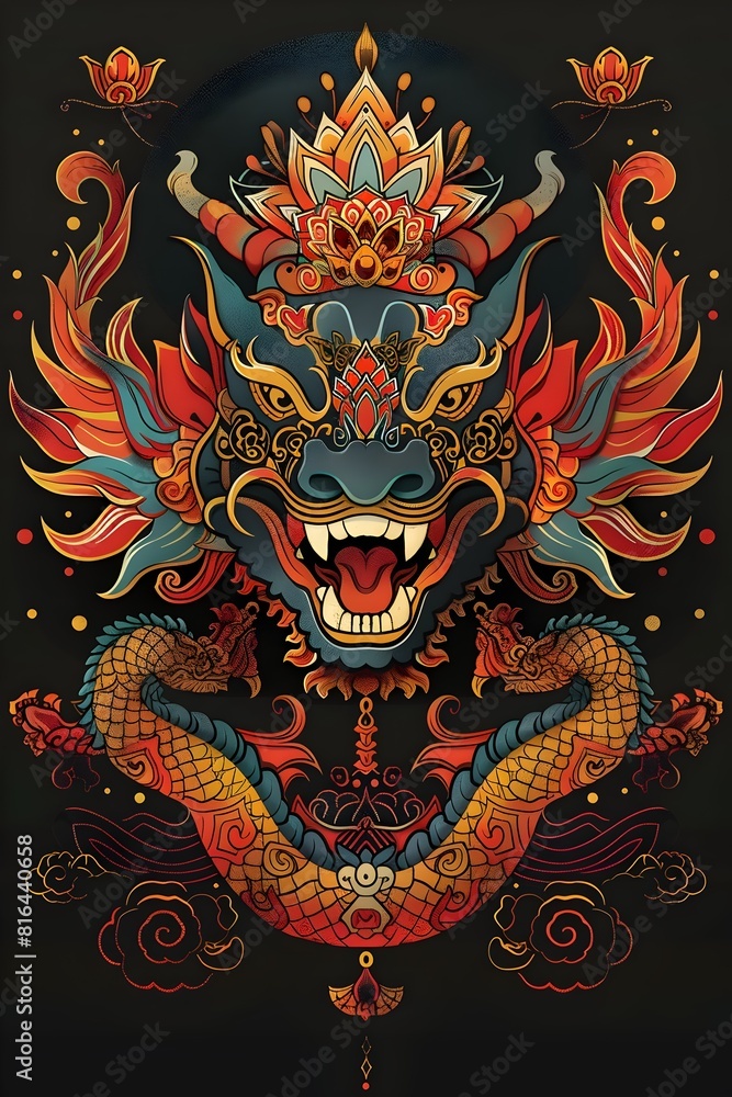 Fototapeta premium Vibrant Ethnic Tattoo Design Featuring Mythical Naga Serpent and Lotus Flowers in Synthwave Style