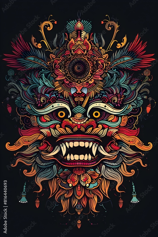 Vibrant Ethnic Tattoo Design Featuring Traditional Indonesian Motifs and Mythical Creatures