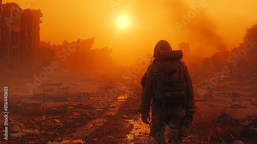 A determined 3D character traversing a post-apocalyptic wasteland in search of hope. photo
