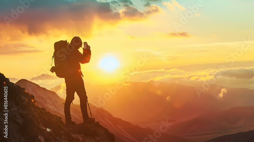 Side view silhouette of unrecognizable male hiker standing on mountainous hill against sunset sky while taking photograph of nature using smartphone at nevado volcano in toluca mexico   Generative AI