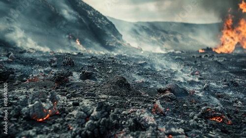 Close-up, stark imagery of a burnt mountain, with a focus on the ash-covered ground and residual burning embers, isolated background photo