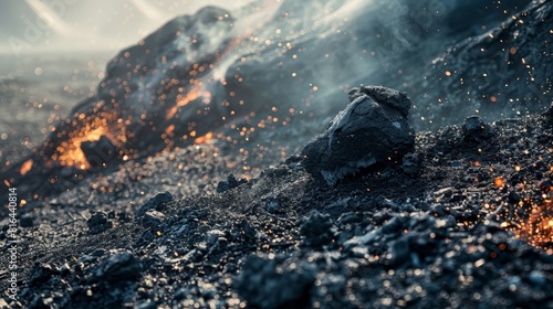 Close-up, stark imagery of a burnt mountain, with a focus on the ash-covered ground and residual burning embers, isolated background photo