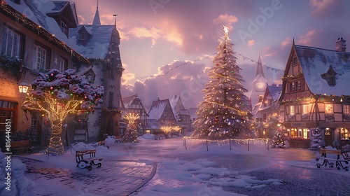 A quaint village square blanketed in snow, with a towering Christmas tree as the centerpiece photo