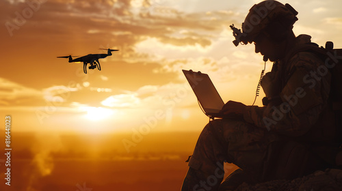 Silhouette of soldier are using drone and laptop computer for scouting during military operation : Generative AI photo