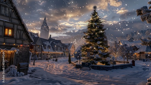 A quaint village square blanketed in snow, with a towering Christmas tree as the centerpiece