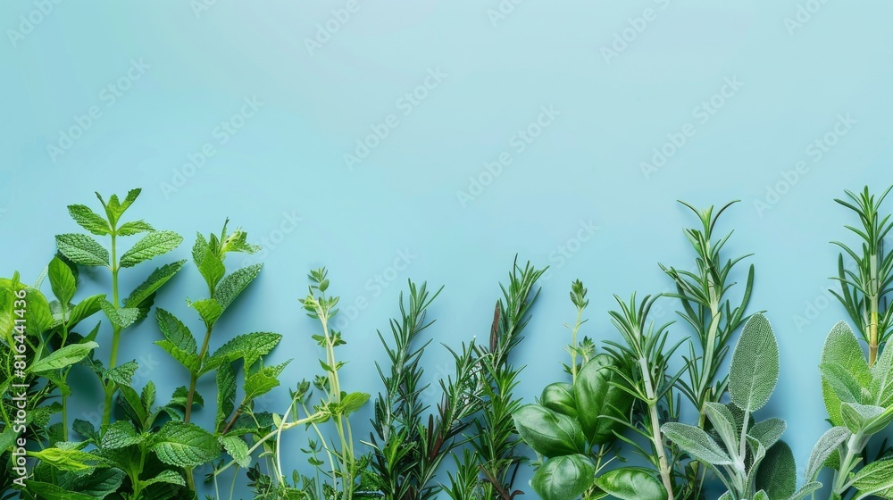 Photorealistic illustration of fresh herbs against a blue pastel background with copy space for text or logo, beautifully illuminated by studio lighting Photorealistic illustration of fresh herbs against a blue pastel background with copy space for text or logo, beautifully illuminated by studio lighting