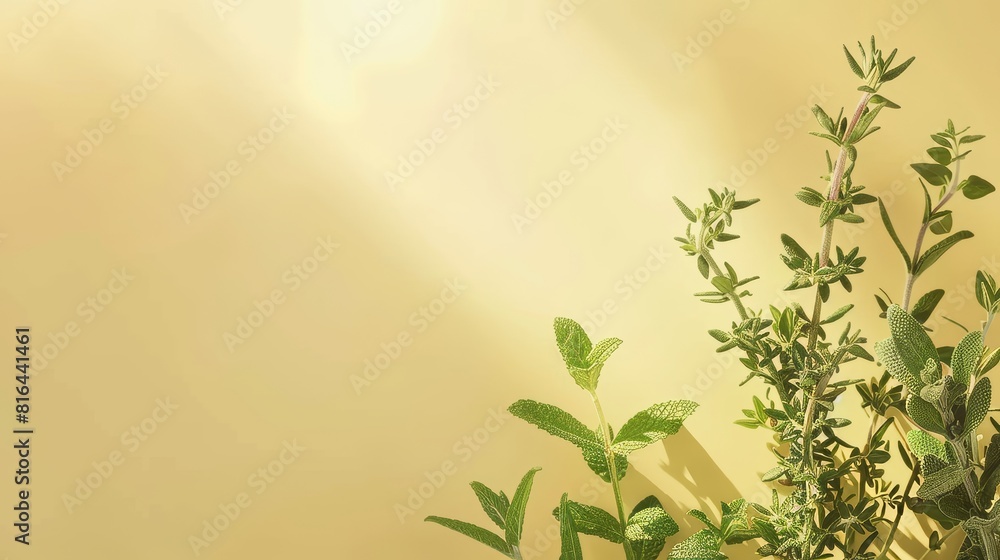 Photorealistic illustration of fresh herbs against a yellow pastel background with copy space for text or logo, beautifully illuminated by studio lighting Photorealistic illustration of fresh herbs against a yellow pastel background with copy space for text or logo, beautifully illuminated by studio lighting