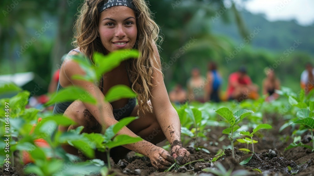 Eco-travelers planting trees in a reforestation project Eco-travelers planting trees in a reforestation project