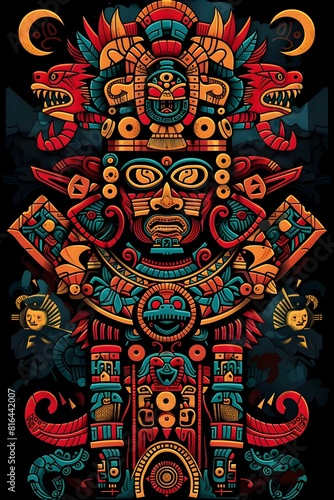 Vibrant Mayan Inspired Tattoo Design with Mythological Symbols and Glyphs on Black Background
