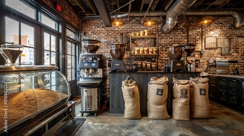 Artisan coffee roaster with exposed brick and burlap coffee bags 
