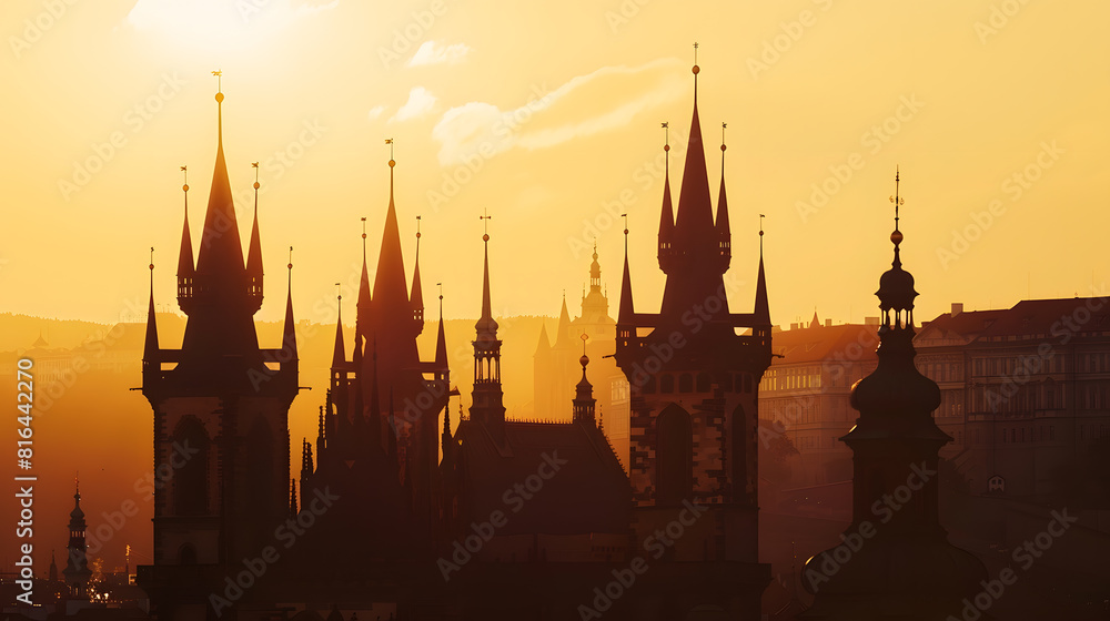 Fototapeta premium Silhouette of Pragues towers at dawn : Generative AI