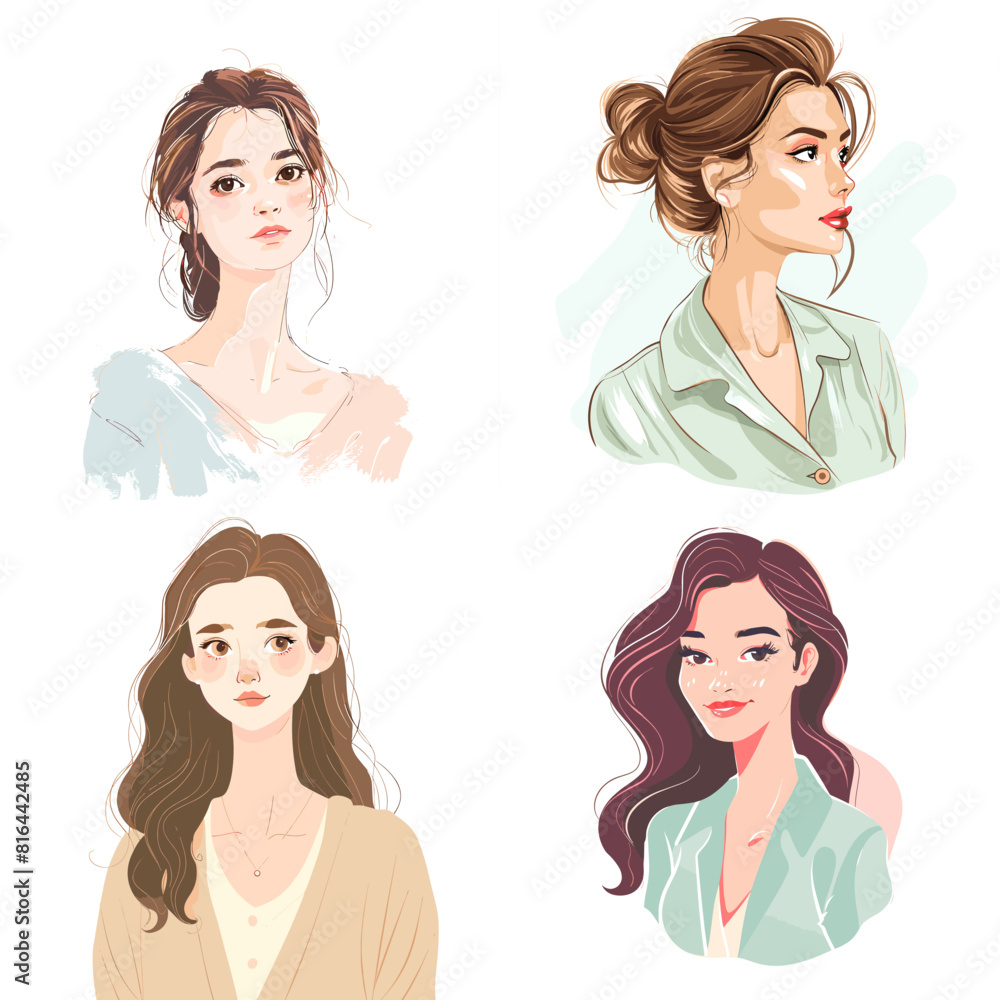 Elegant digital illustrations of fashionable women with soft pastel tones and modern aesthetics. Perfect for beauty, fashion, lifestyle, digital art, and stylish character design. Elegant digital illustrations of fashionable women with soft pastel tones and modern aesthetics. Perfect for beauty, fashion, lifestyle, digital art, and stylish character design.
