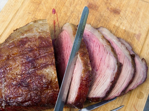 Beef sirloin cup, also called picanha, smoked and grilled