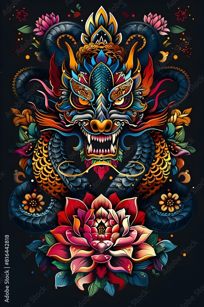 Fototapeta premium Vibrant Thai Inspired Tattoo Design with Mythical Naga Serpent and Sacred Lotus Motifs