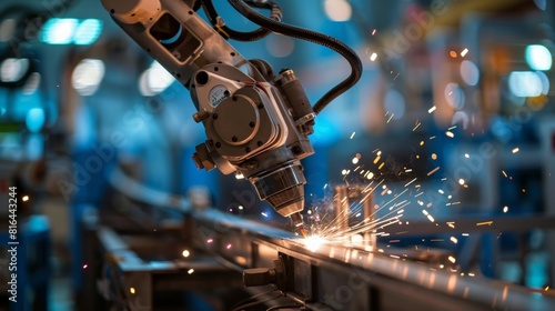 Close-up of a robot worker performing automatic welding in a factory, showcasing the precise movements of the robotic arm, isolated background