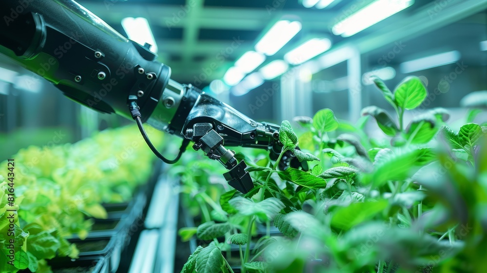 Close-up of a robot arm delicately handling plant growth in a laboratory setting, showcasing advanced autonomous farming technology
