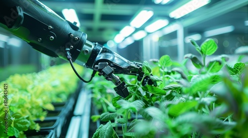 Close-up of a robot arm delicately handling plant growth in a laboratory setting, showcasing advanced autonomous farming technology photo