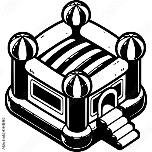 Bouncy children playground in monochrome. Trampoline park in form of medieval castle. Simple minimalistic vector in black ink drawing on transparent background