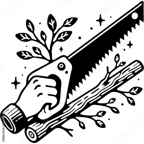 Hand saw for cutting tree branches in monochrome. Gardener hand sawing branch with hacksaw. Simple minimalistic vector in black ink drawing on transparent background