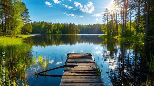 Beautiful summer landscape with lake and old wooden dock in forest on sunny day, bright blue sky with sun rays. Scandinavian nature background. Summer vacation concept