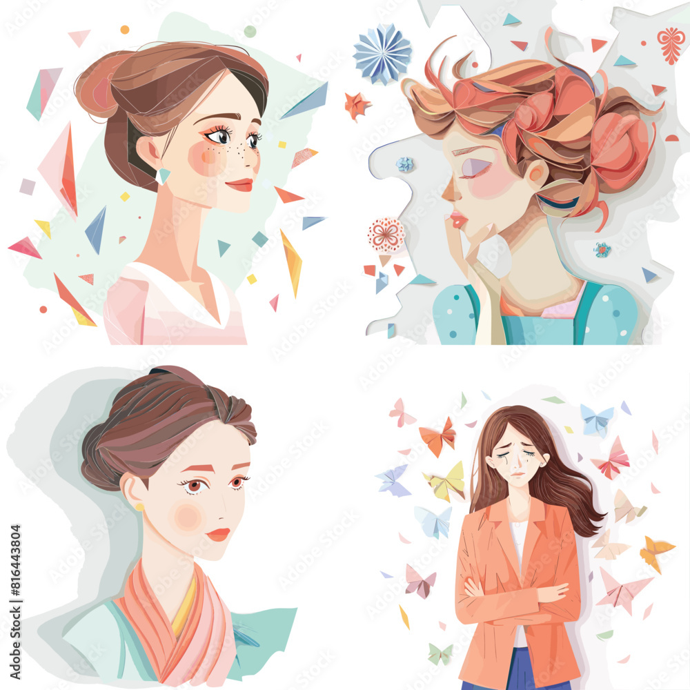 Elegant digital illustrations of women with soft pastel tones and dreamy abstract backgrounds. Perfect for beauty, emotions, fashion, lifestyle, and artistic illustration themes. Elegant digital illustrations of women with soft pastel tones and dreamy abstract backgrounds. Perfect for beauty, emotions, fashion, lifestyle, and artistic illustration themes.