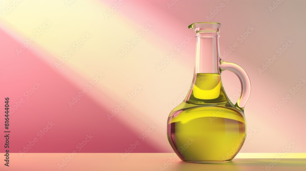 Photorealistic illustration of a glass olive oil container against a pastel background with copy space for text or logo, beautifully illuminated by studio lighting Photorealistic illustration of a glass olive oil container against a pastel background with copy space for text or logo, beautifully illuminated by studio lighting